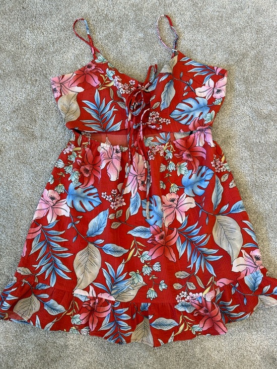 Dresses & Skirts - Forever 21 Tropical Floral Cutout Dress Size L Lace Up Front Ruffle Hem